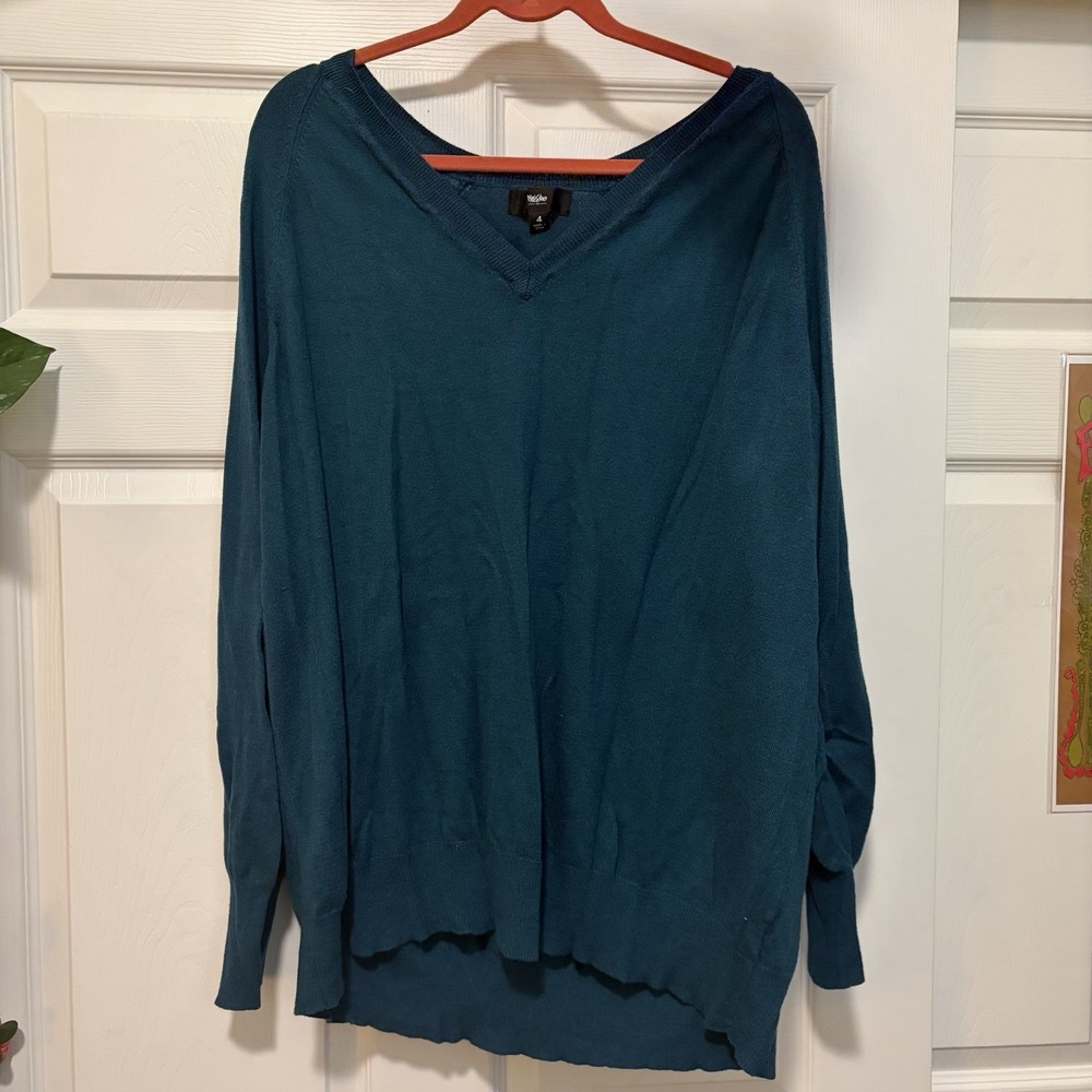 wzino Blue Solid V-Neck Knit Pullover Sweater Long Sleeve Women's Size L